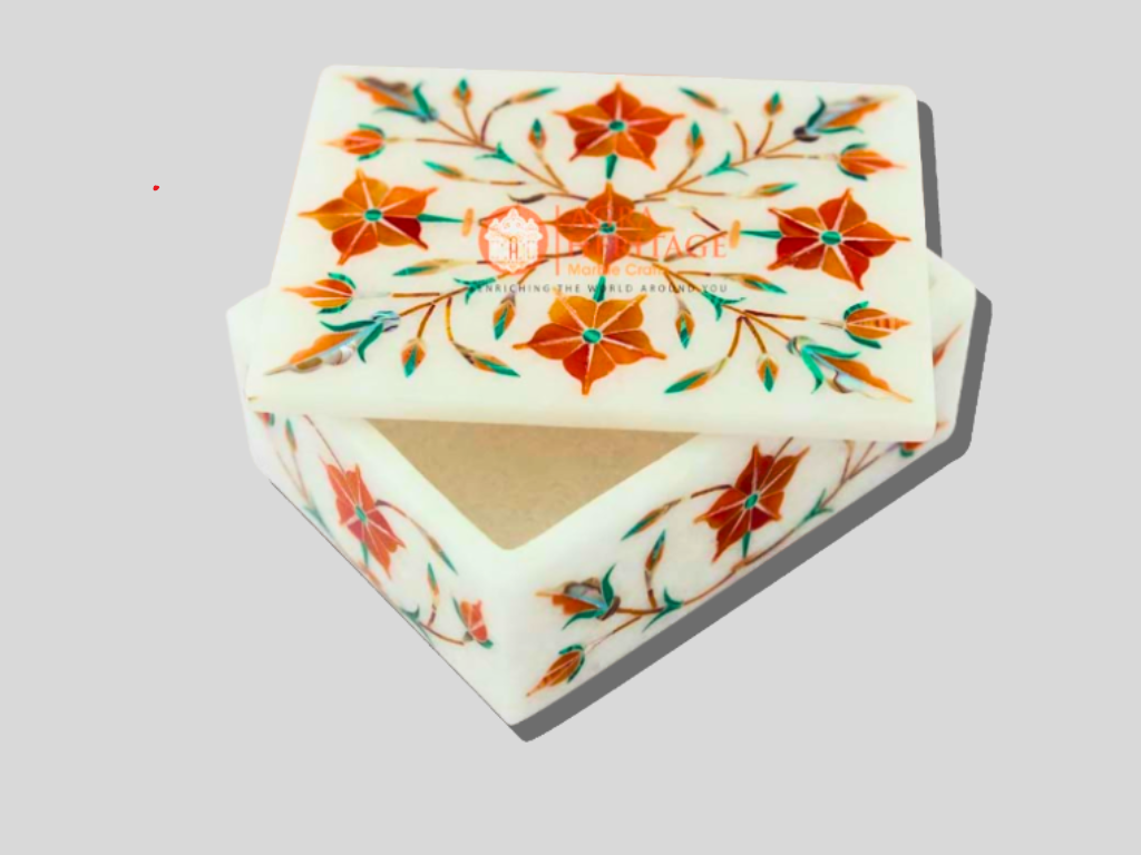 Marble Jewelry Box Carnelian Marquetry Floral Interior